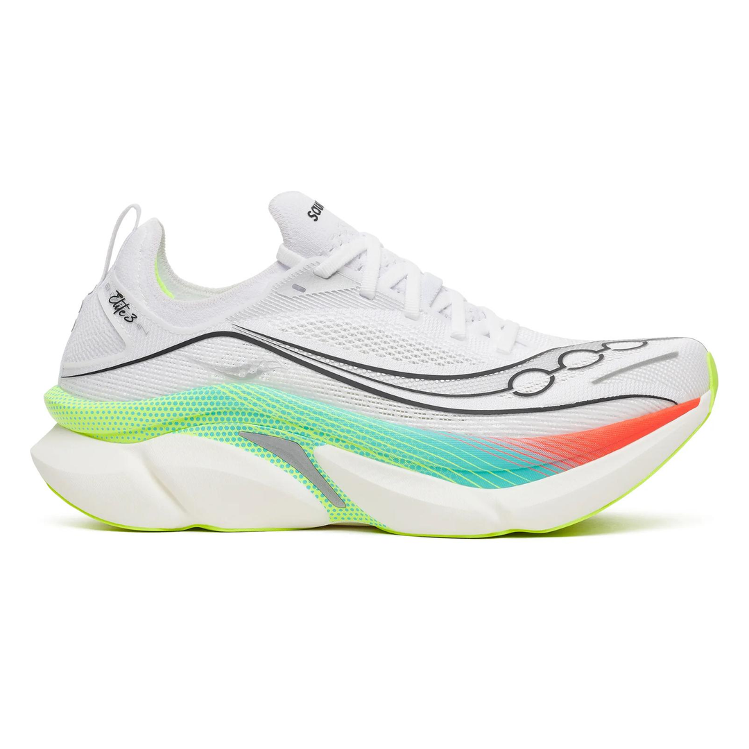 Saucony Endorphin Elite 3 in White and Multi, right shoe outside view #colour_white-multi