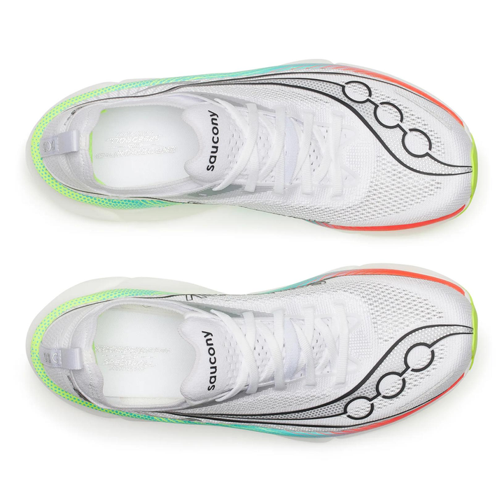 Saucony Endorphin Elite 3 in White and Multi, pair viewed from above 