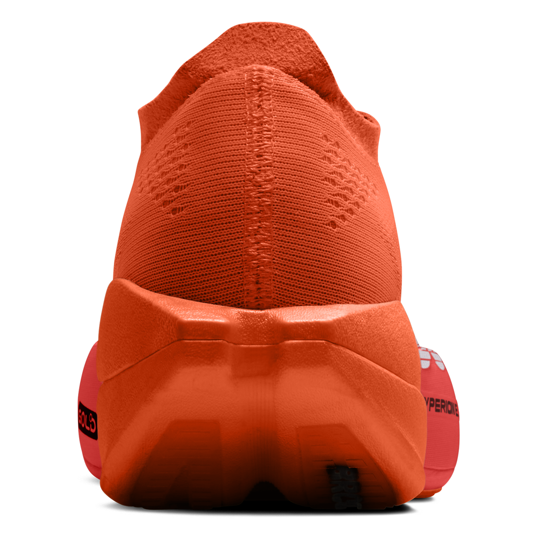 Brooks Hyperion Elite 6 in Tigerlily and Red and White, right shoe viewed from behind 
