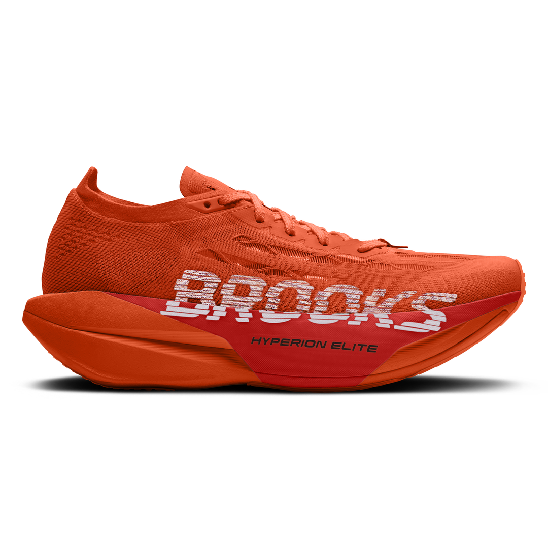Brooks Hyperion Elite 6 in Tigerlily and Red and White, right shoe outside view 