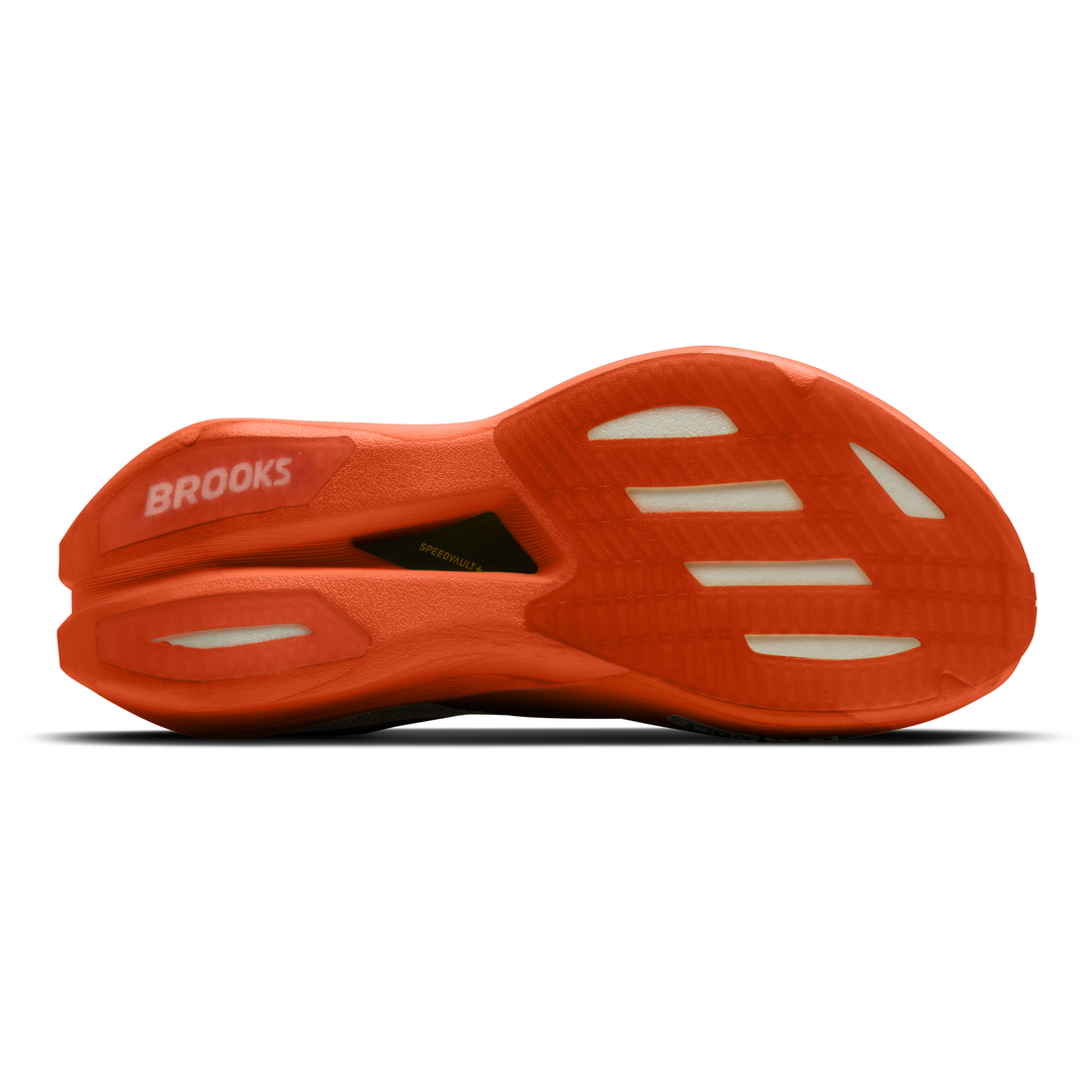 Brooks Hyperion Elite 6 in Tigerlily and Red and White, right shoe outsole 