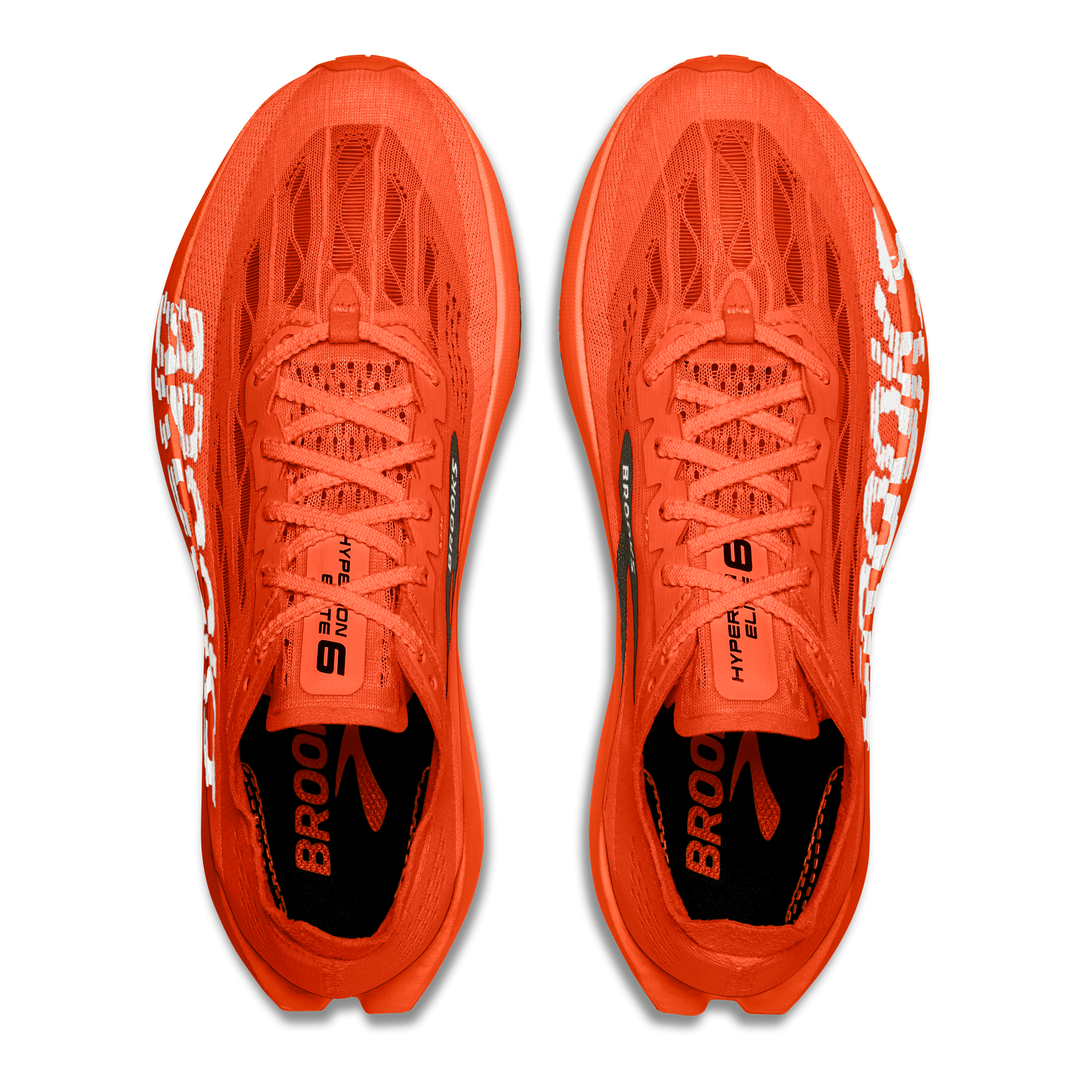 Brooks Hyperion Elite 6 in Tigerlily and Red and White, pair viewed from above 
