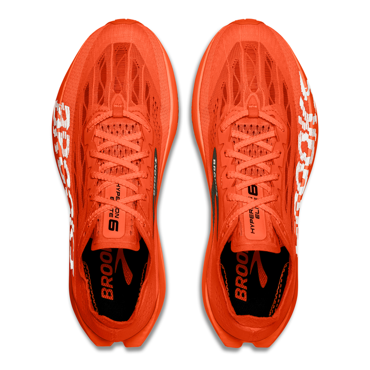 Brooks Hyperion Elite 6 in Tigerlily and Red and White, pair viewed from above 