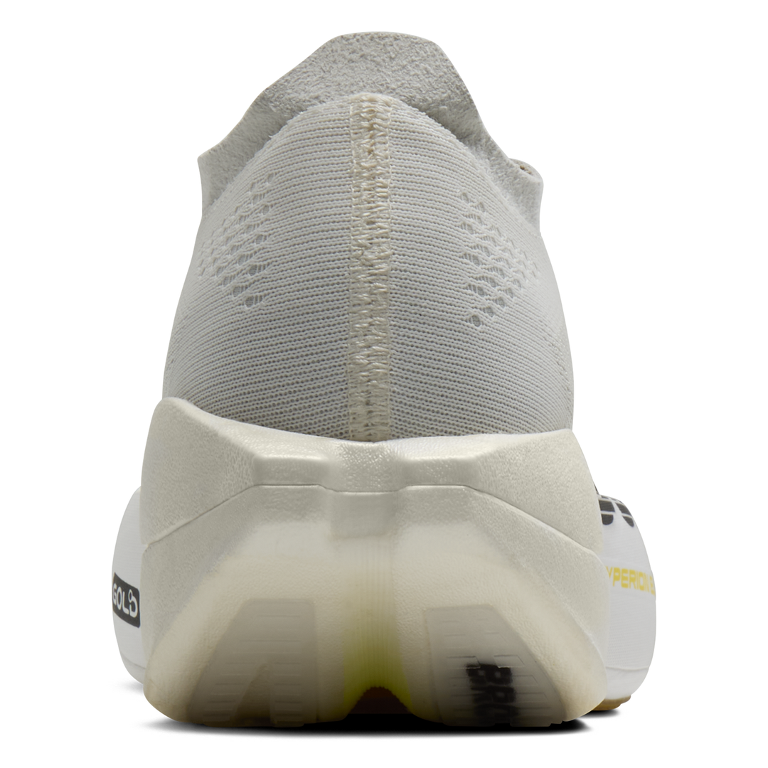Brooks Hyperion Elite 6 in Vaporous Grey and Yellow and Black, right shoe viewed from behind 