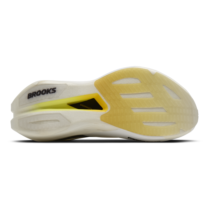 Brooks Hyperion Elite 6 in Vaporous Grey and Yellow and Black, right shoe outsole 