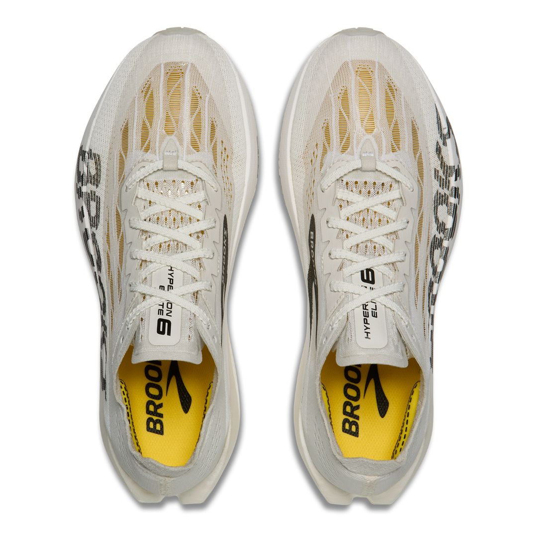 Brooks Hyperion Elite 6 in Vaporous Grey and Yellow and Black, pair viewed from above 