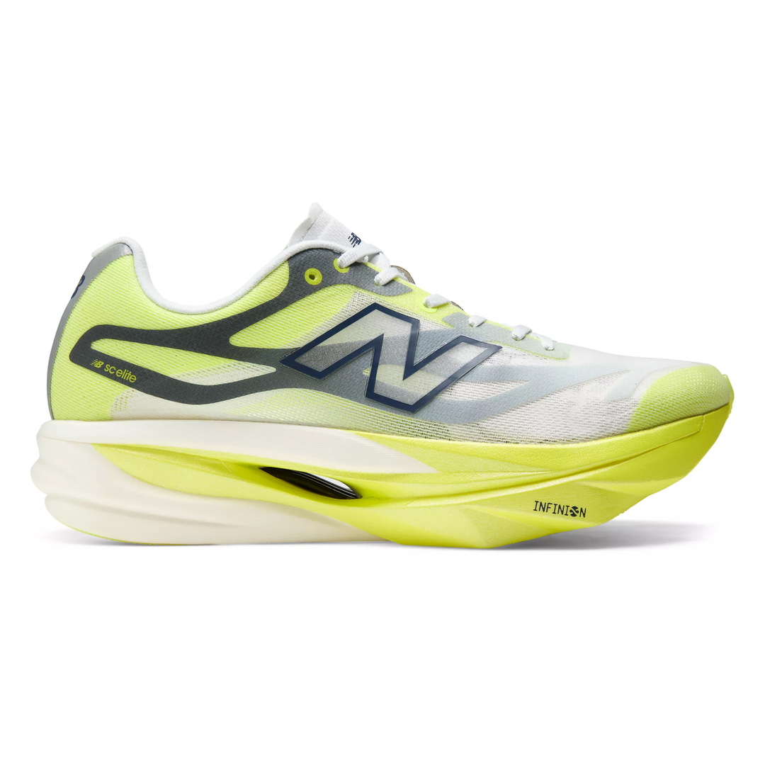 New Balance SuperComp Elite v6 in Fresh Air and Alkaline Green, right shoe outside view 